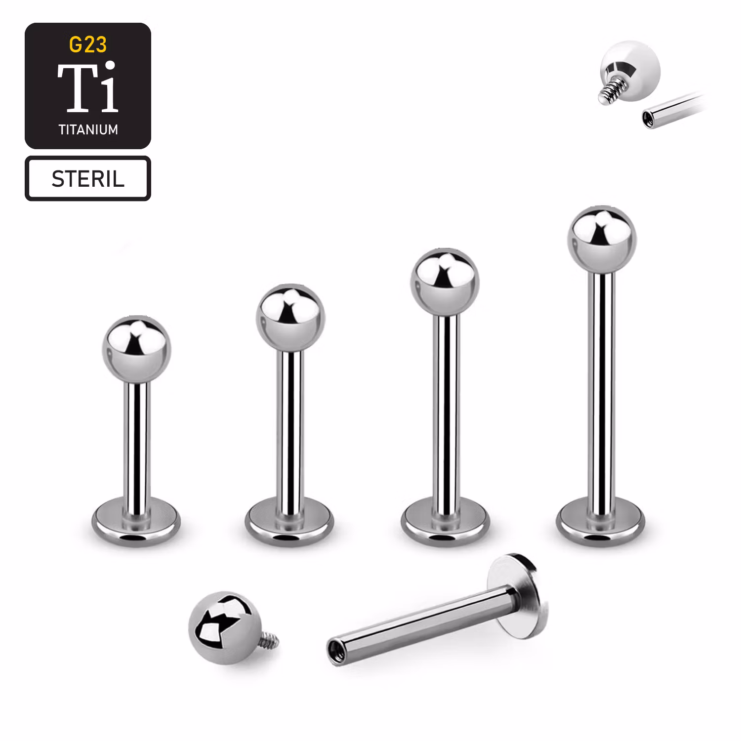 Steril titanium labret invändigt gängad 1.2mm med 3mm kula
