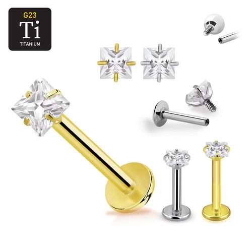 Titanium labret invändigt gängad 1.2mm med 3mm fyrkantig CZ