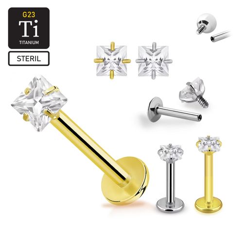Steril titanium labret invändigt gängad 1.2mm med 3mm fyrkantig CZ