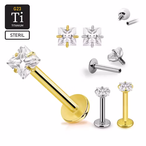 Steril titanium labret invändigt gängad 1.2mm med 3mm fyrkantig CZ