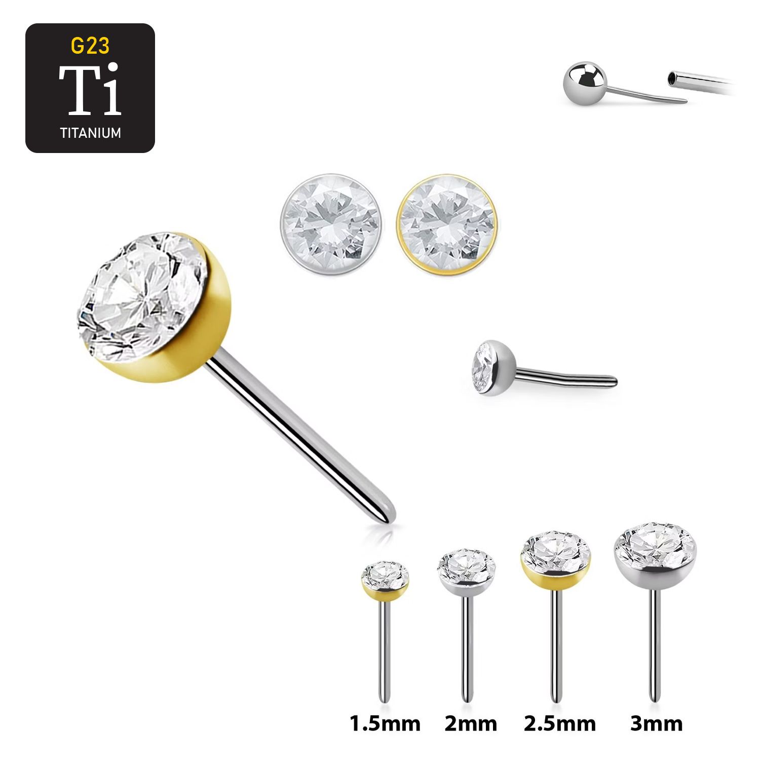 Threadless topp i titanium - halvkula med klar cubic zirconia