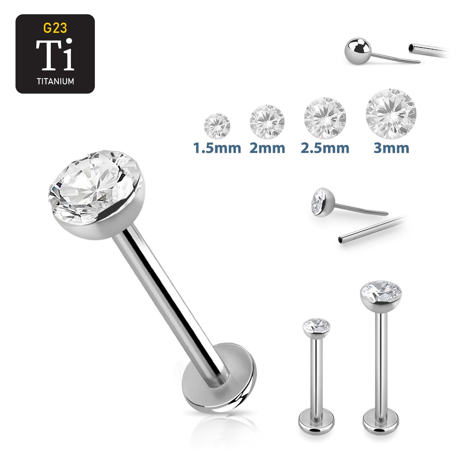 Titanium threadless labret 0.8mm med klar cubic zirconia topp