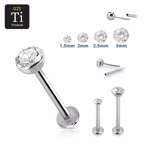 Titanium threadless labret 0.8mm med klar cubic zirconia topp