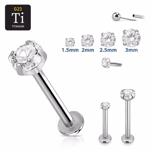 Titanium threadless labret 1.0mm med klar "prong-set" cubic zirconia topp