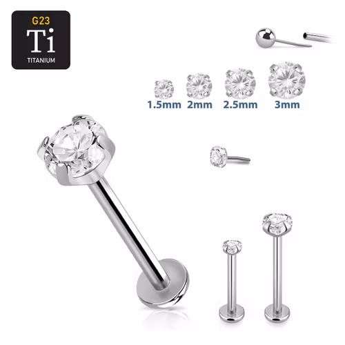 Titanium threadless labret 0.8mm med klar "prong-set" cubic zirconia topp