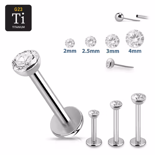 Titanium threadless labret 1.2mm med klar cubic zirconia topp