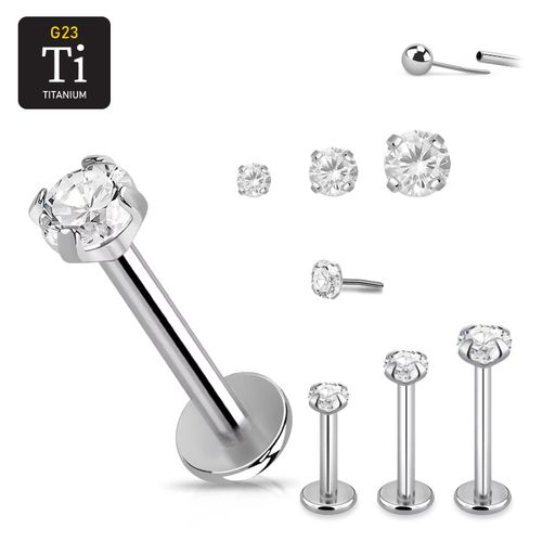 Titanium threadless labret 1.2mm med klar "prong-set" cubic zirconia topp