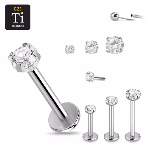 Titanium threadless labret 1.2mm med klar "prong-set" cubic zirconia topp