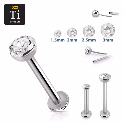 Titanium threadless labret 1.0mm med klar cubic zirconia topp