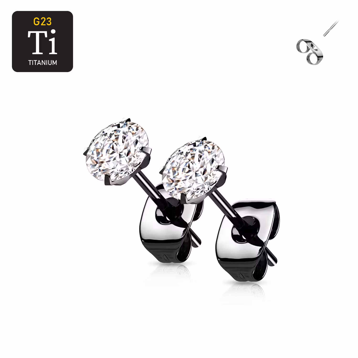 Titanium örhänge svart-PVD pläterad med rund cubic zirconia (par)