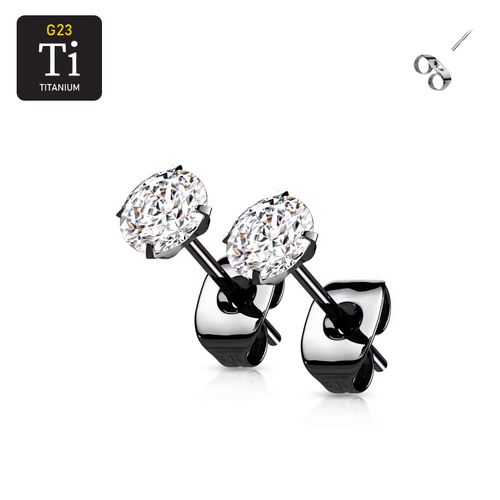 Titanium örhänge svart-PVD pläterad med rund cubic zirconia (par)