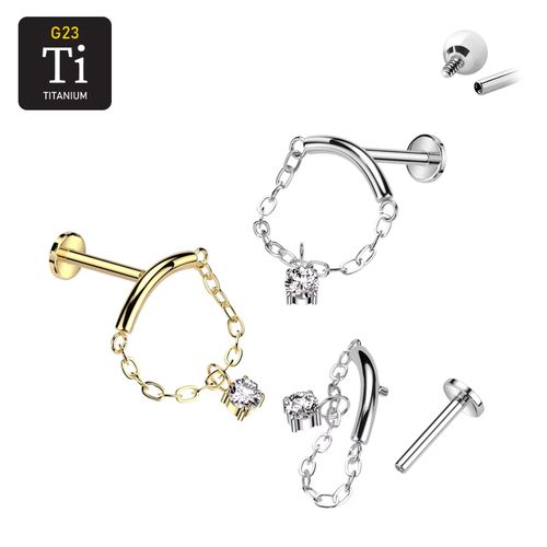 Labret i titanium - invändigt gängad med böjd stav och kedja med hängande CZ