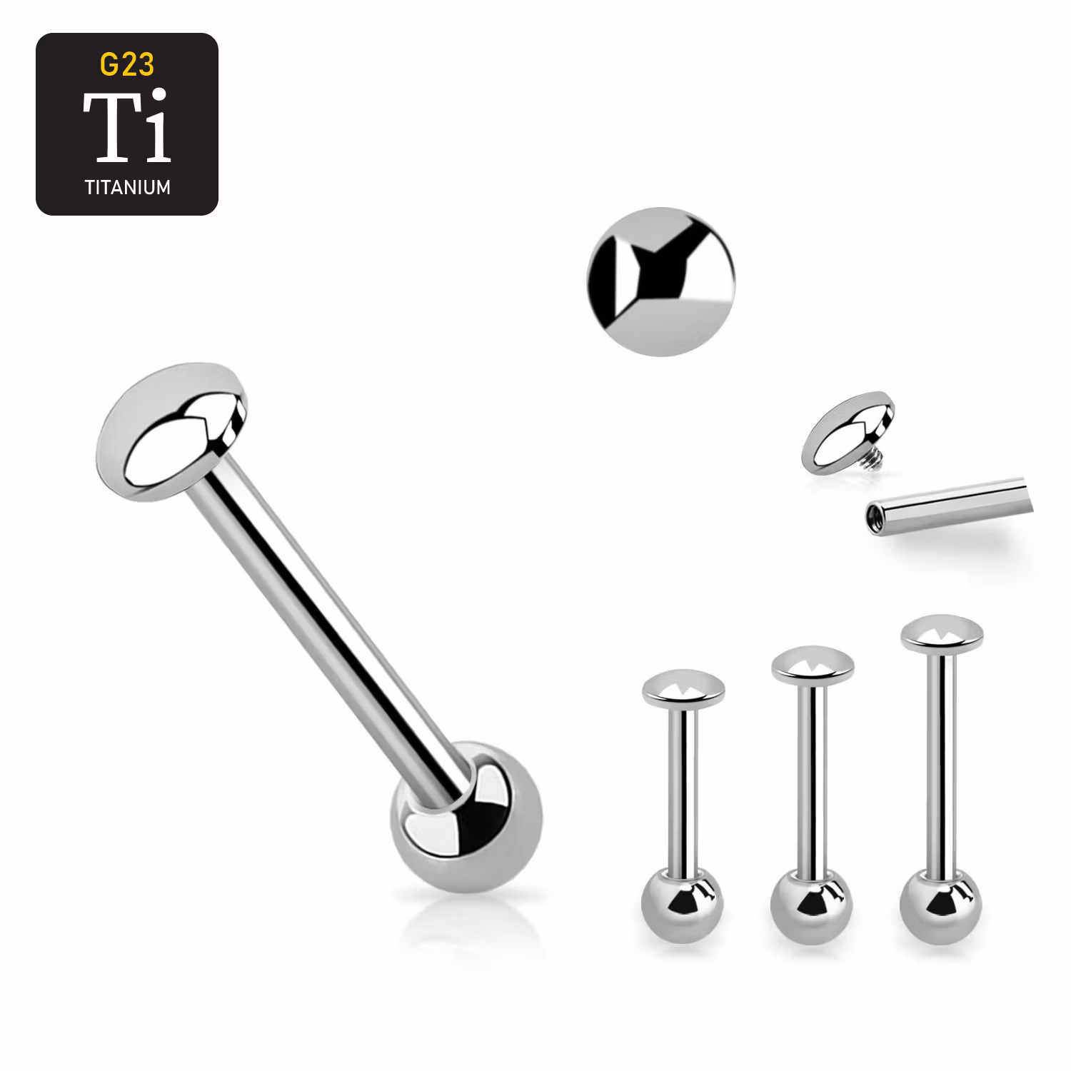 Barbell i titanium - invändigt gängad 1.6mm med 5mm platt dome topp