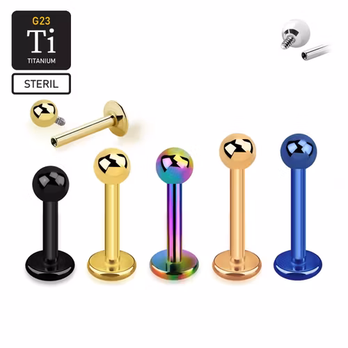 Steril Labret i PVD pläterad titanium - invändigt gängad 1.2mm med 3mm kula