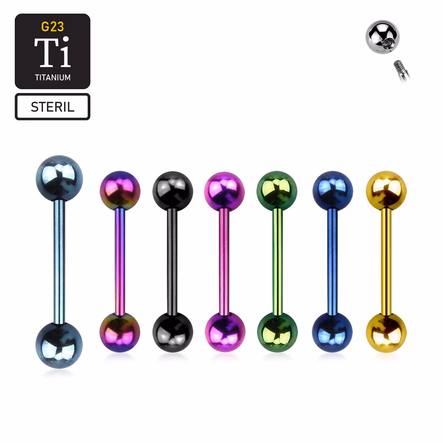 Steril barbell i anodiserad titanium - 1.6mm med 6mm kulor