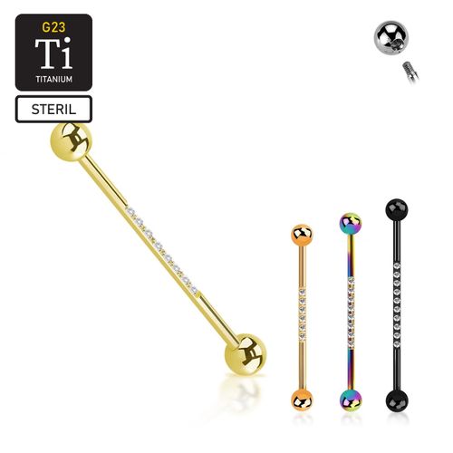 Steril titanium industrial barbell - PVD pläterad 1.6mm med 5mm kulor och 1.5mm CZ