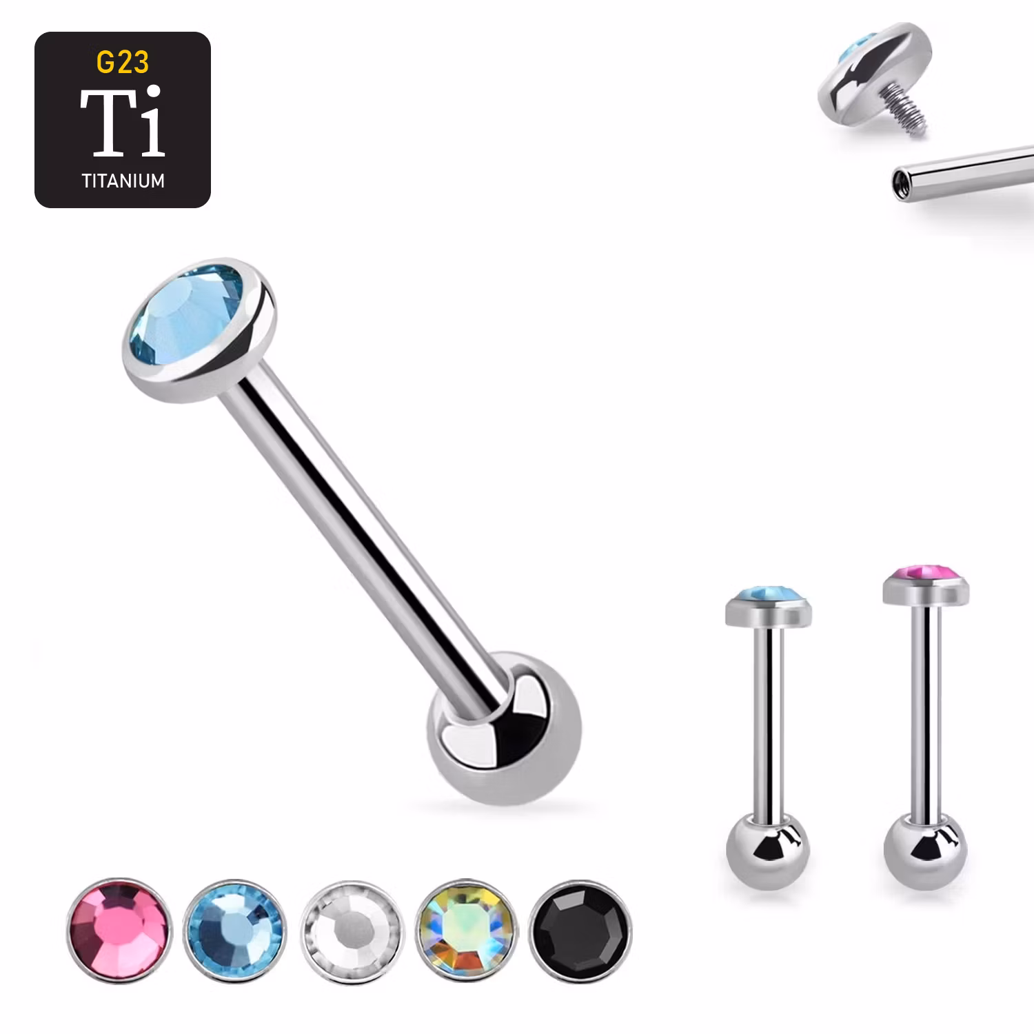 Barbell i titanium - invändigt gängad 1.6mm med 5mm platt crystal topp
