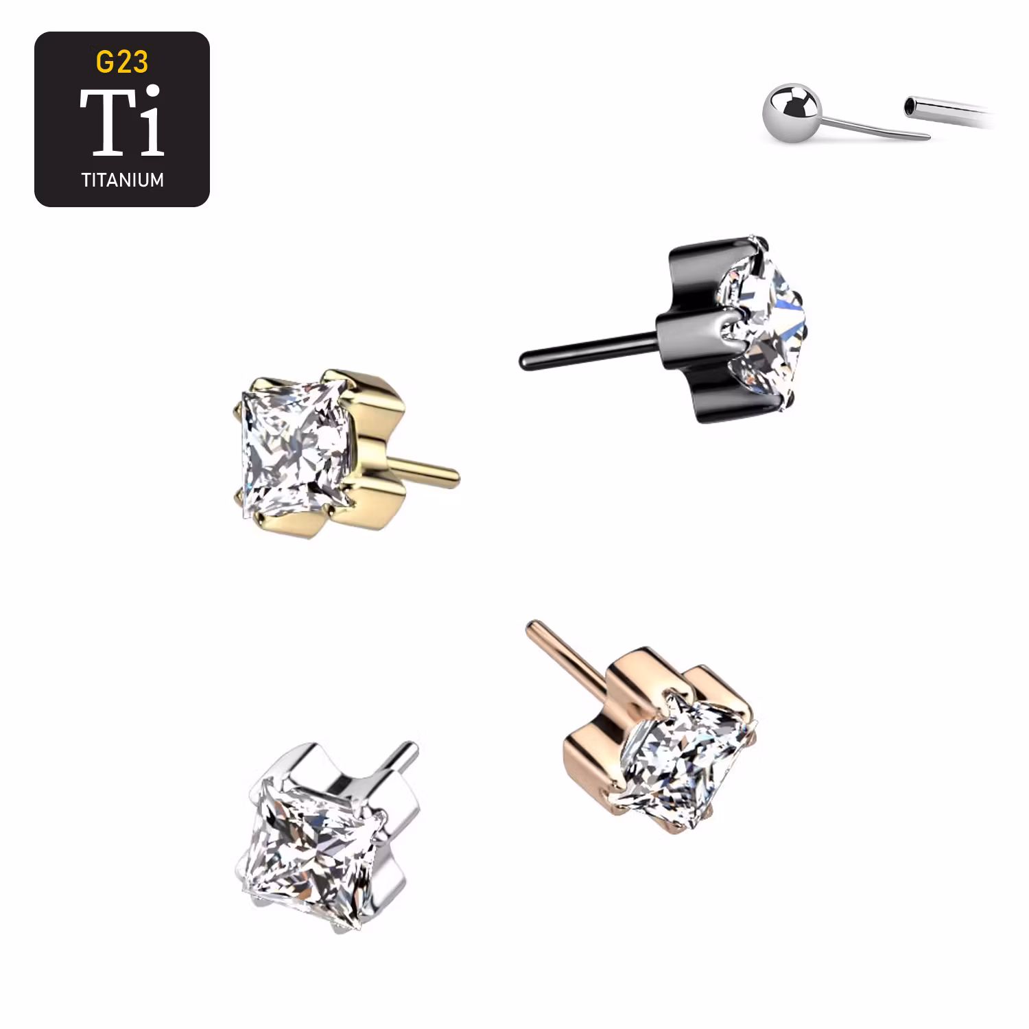 Threadless topp i titanium - Prong-set fyrkantig CZ