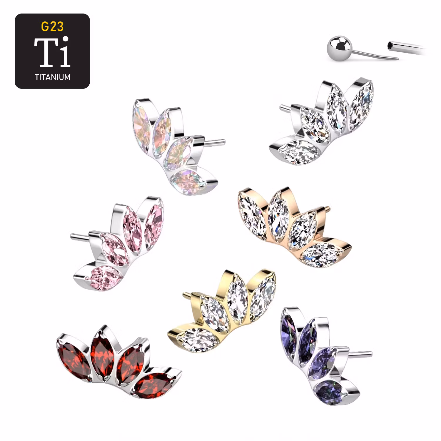 Threadless topp i titanium - 4st navettslipade CZ
