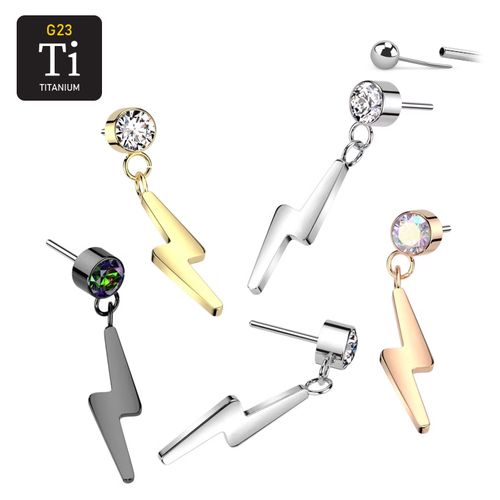 Threadless topp i titanium - Rund topp med CZ och hänge med blixt