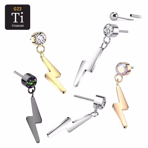 Threadless topp i titanium - Rund topp med CZ och hänge med blixt