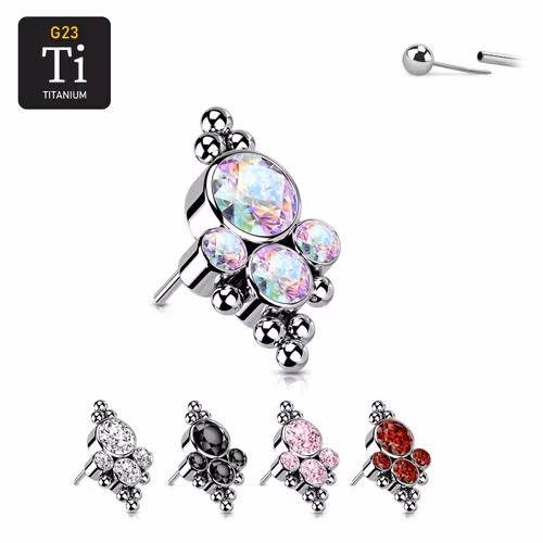Threadless topp i titanium - Topp med 4st CZ och bollkluster