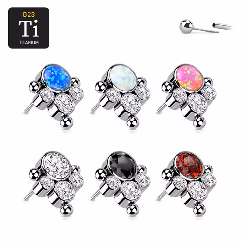 Threadless topp i titanium - Topp med 1st rund opal eller CZ och 3st CZ och kulor