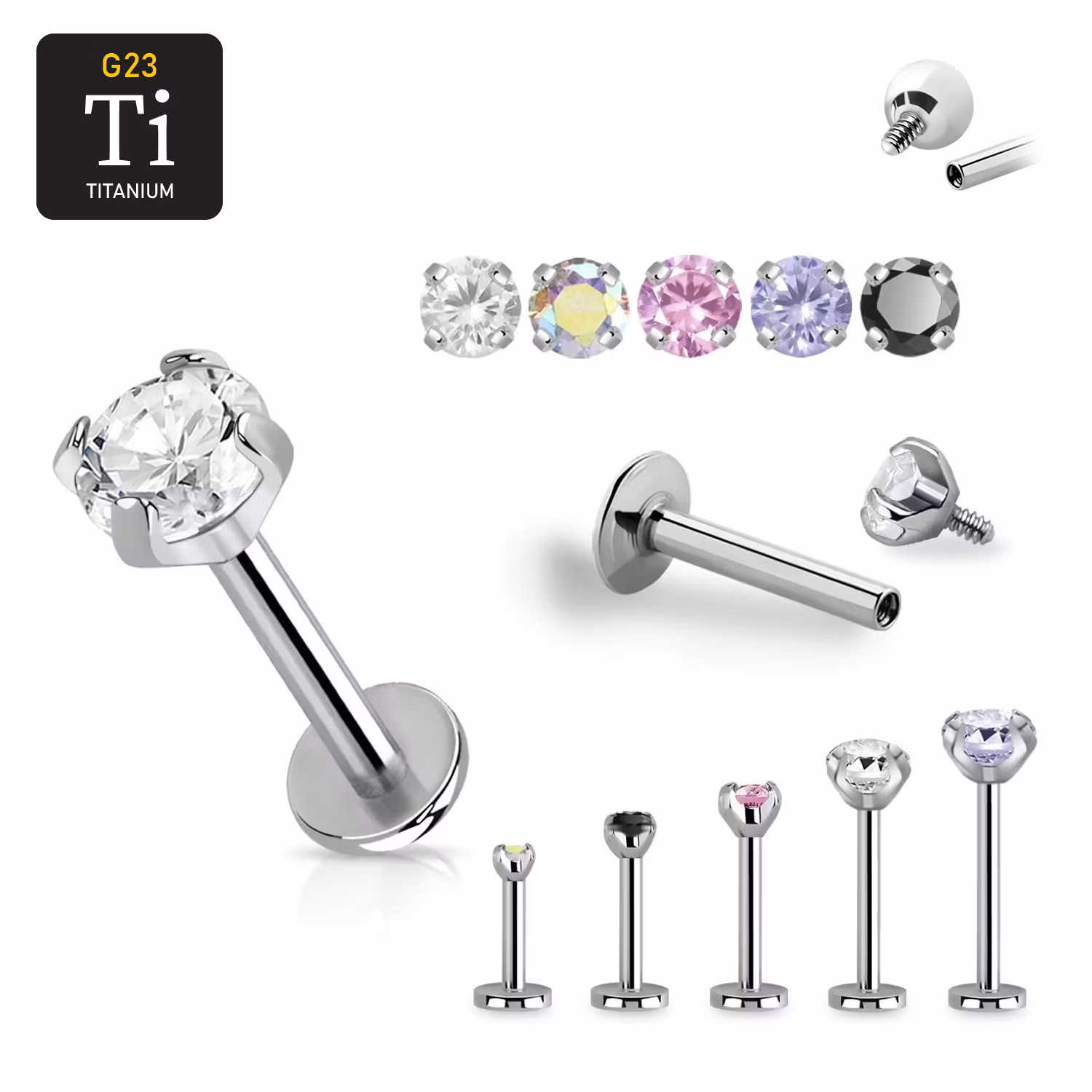 Invändigt gängad labret i titanium 1.2mm med "prong-set" cubic zirconia