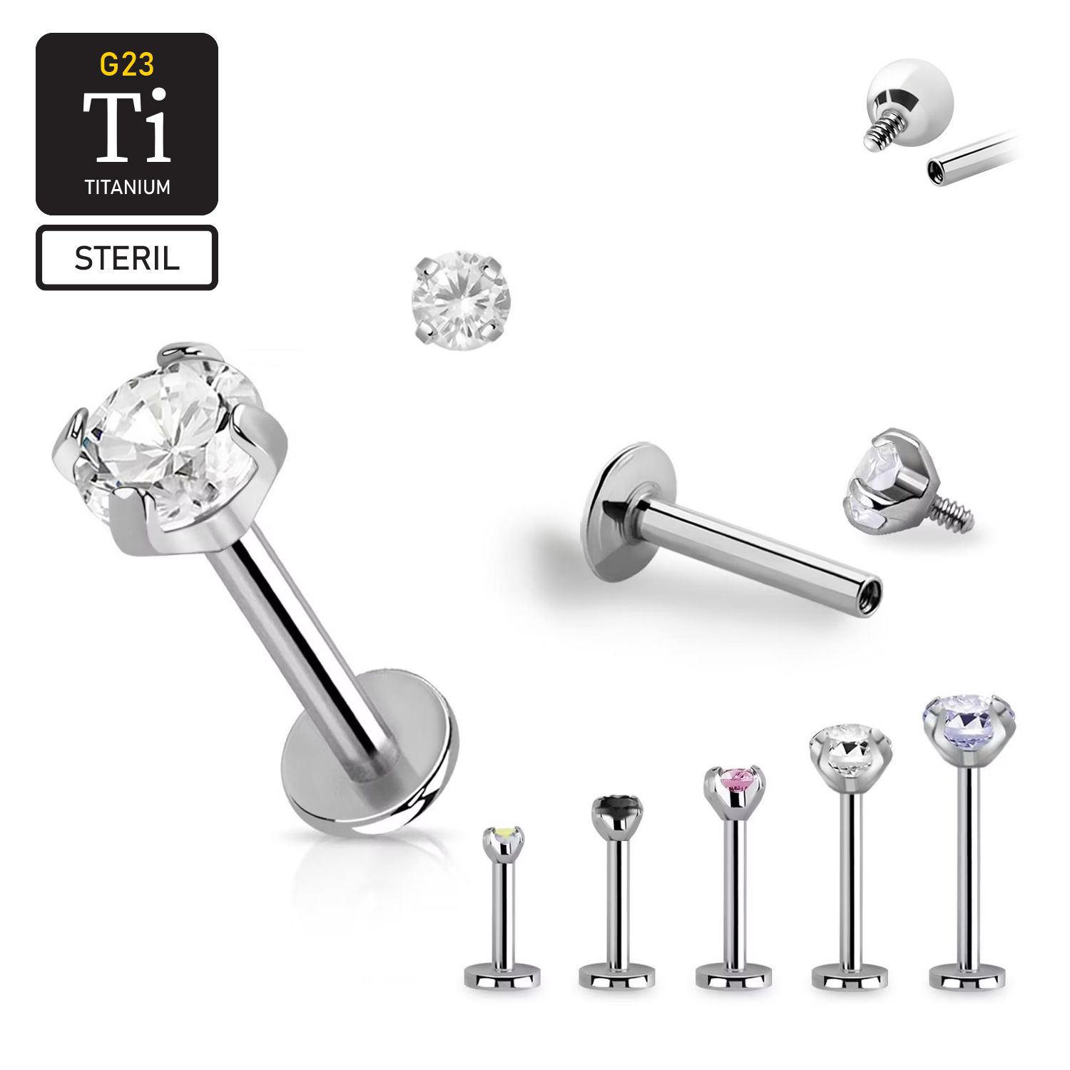 Steril titanium labret 1.2mm invändigt gängad med "Prong-set" cubic zirconia