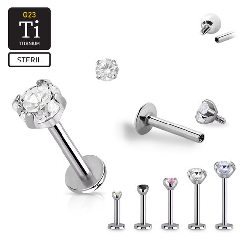 Steril titanium labret 1.2mm invändigt gängad med "Prong-set" cubic zirconia