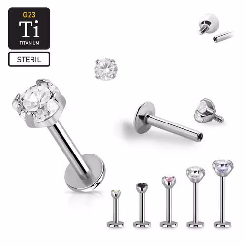 Steril titanium labret 1.2mm invändigt gängad med "Prong-set" cubic zirconia