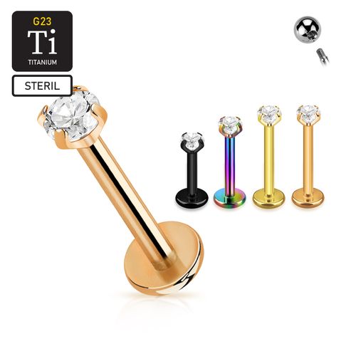 Steril titanium labret invändigt gängad 1.2mm PVD pläterad med "Prong-set" 3mm CZ