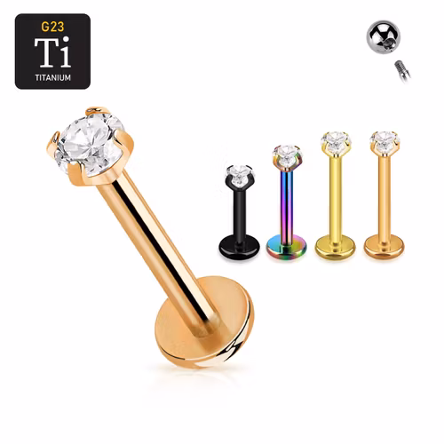 Titanium labret invändigt gängad 1.2mm PVD pläterad med "Prong-set" 3mm CZ