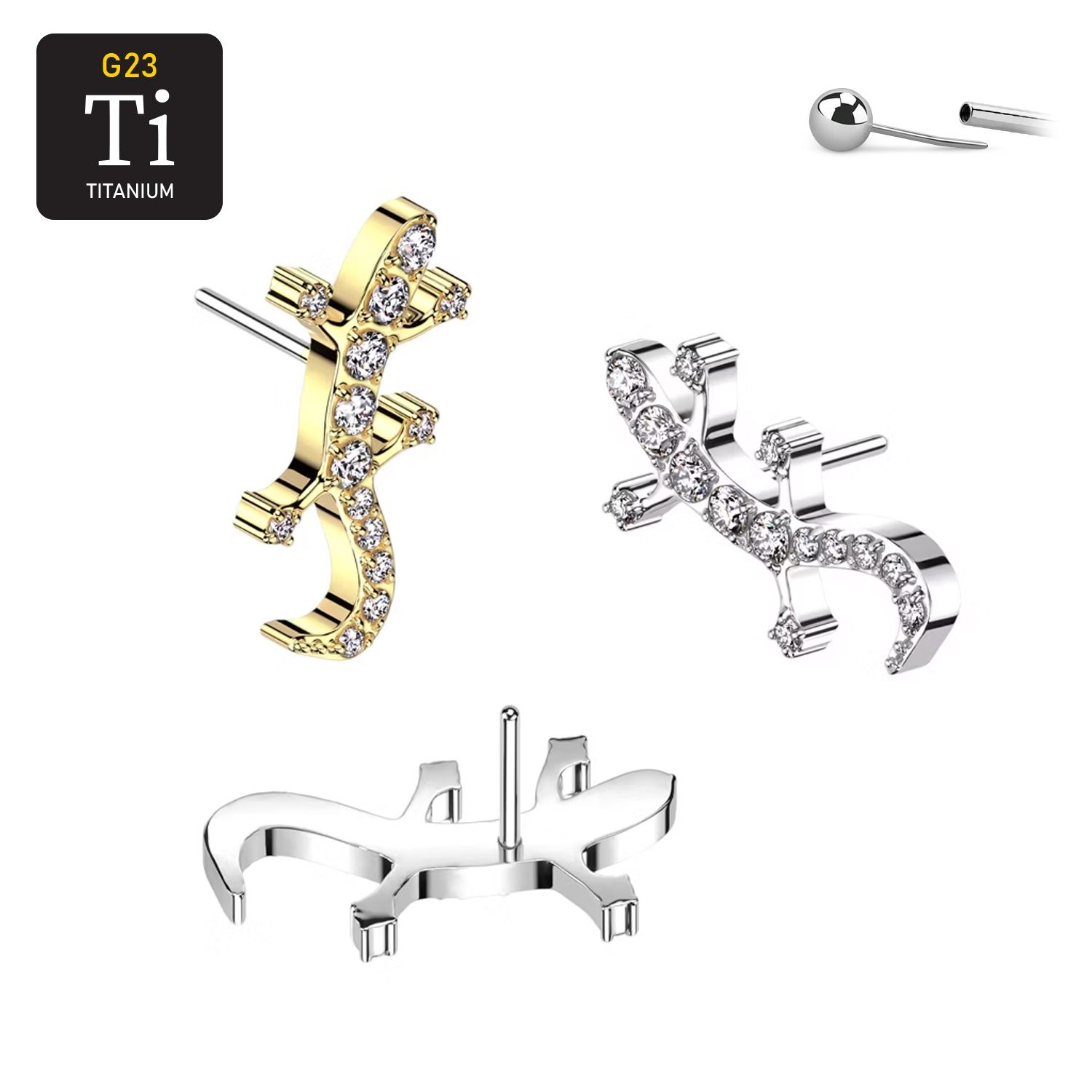 Threadless topp i titanium - Ödla med CNC-monterade CZ