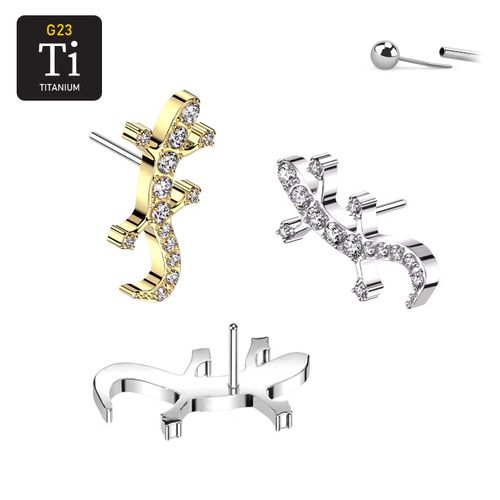Threadless topp i titanium - Ödla med CNC-monterade CZ