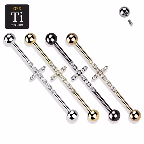 Titanium industrial barbell med kors - 1.6mm med 5mm kulor CZ