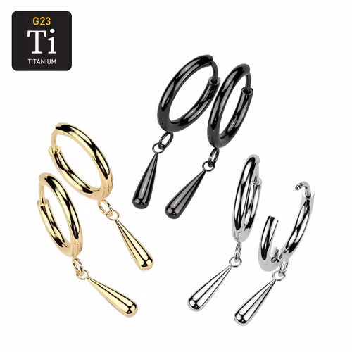 Titanium PVD Örhänge / Hoop huggie 2mm tjock med droppformat hänge (par)