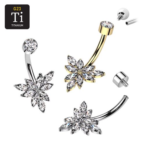 Navelsmycke i titanium - triangelformad blomma med navettslipade CZ