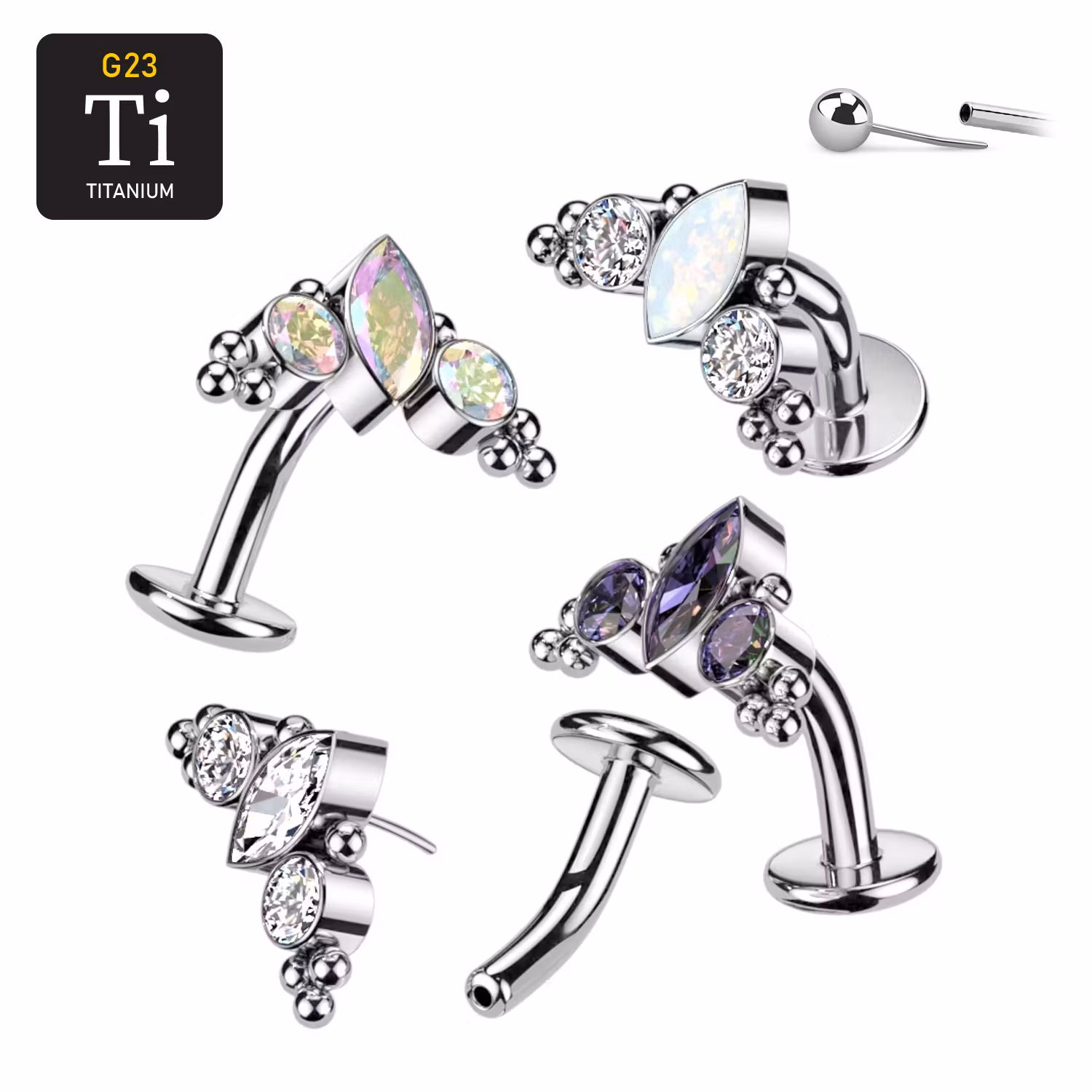 Threadless Navelsmycke i titanium Floating Navel - Kluster med navettslipad CZ eller opal