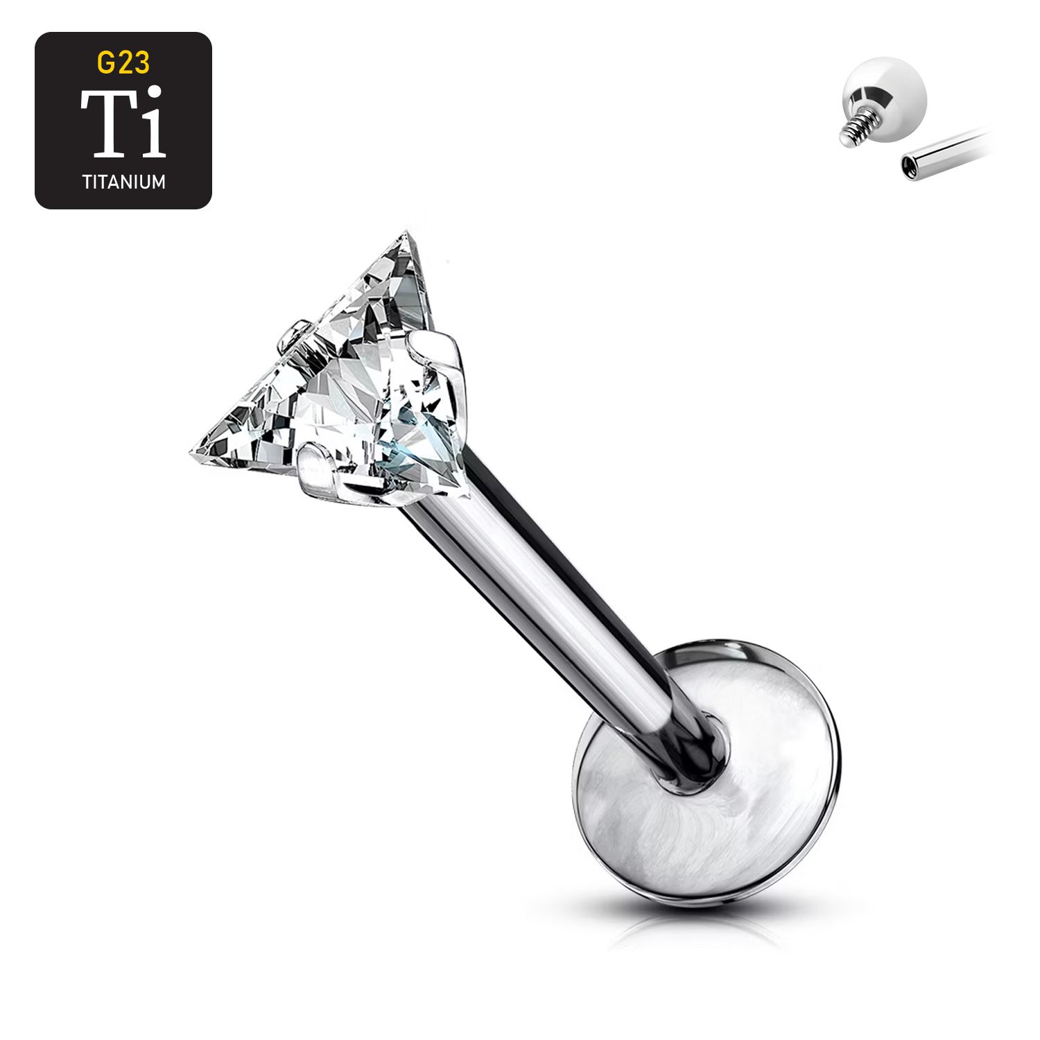 Labret i titanium 1.2mm med triangelformad CZ topp