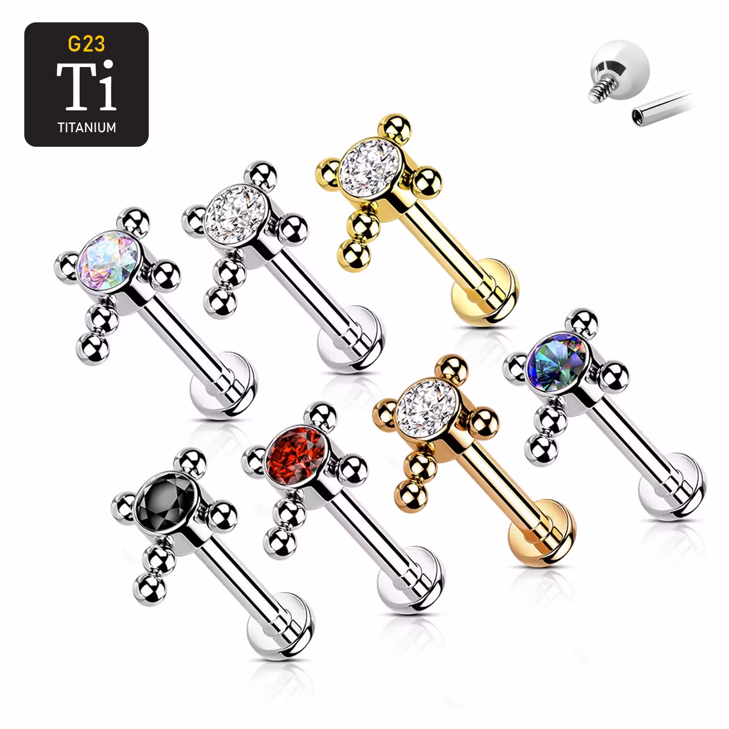 Labret i titanium 1.2mm - Bollkluster / kors med cubic zirconia
