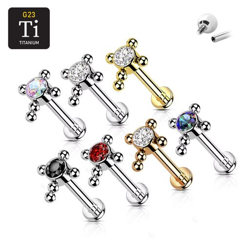 Labret i titanium 1.2mm - Bollkluster / kors med cubic zirconia