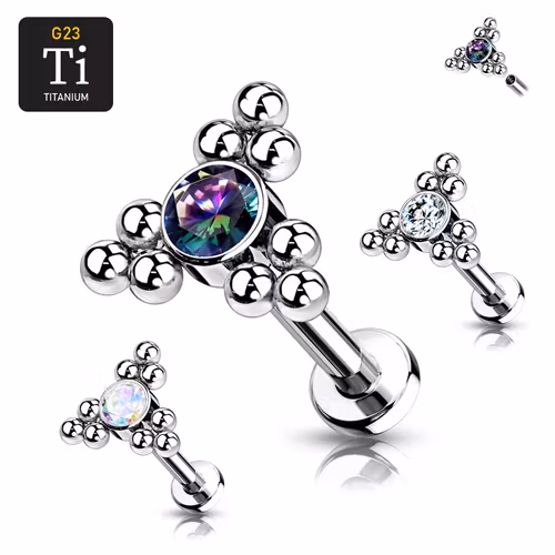 Labret i titanium 1.2mm - Triangelformat bollkluster med cubic zirconia