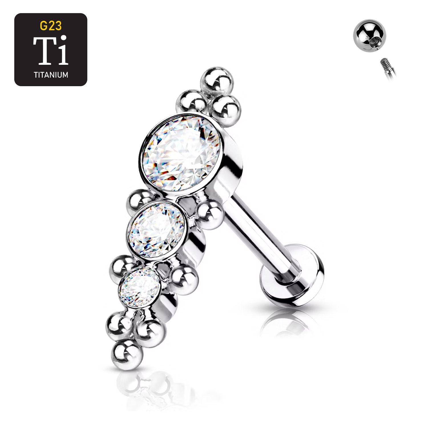 Labret i titanium 1.2mm - Bollkluster med 3st cubic zirconia i olika storlekar