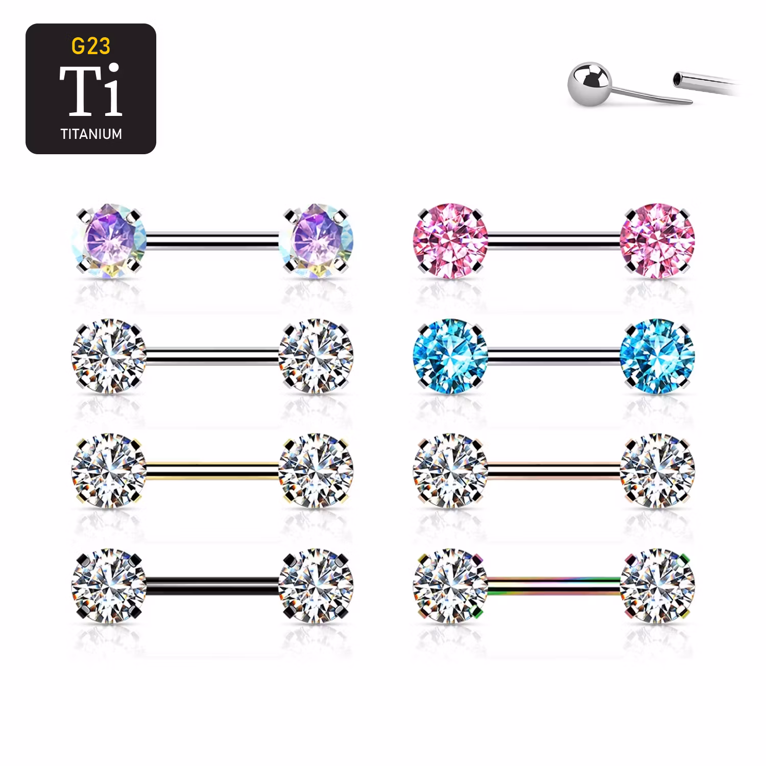 Titanium threadless barbell 1.6mm med 5mm rund prong-set cubic zirconia