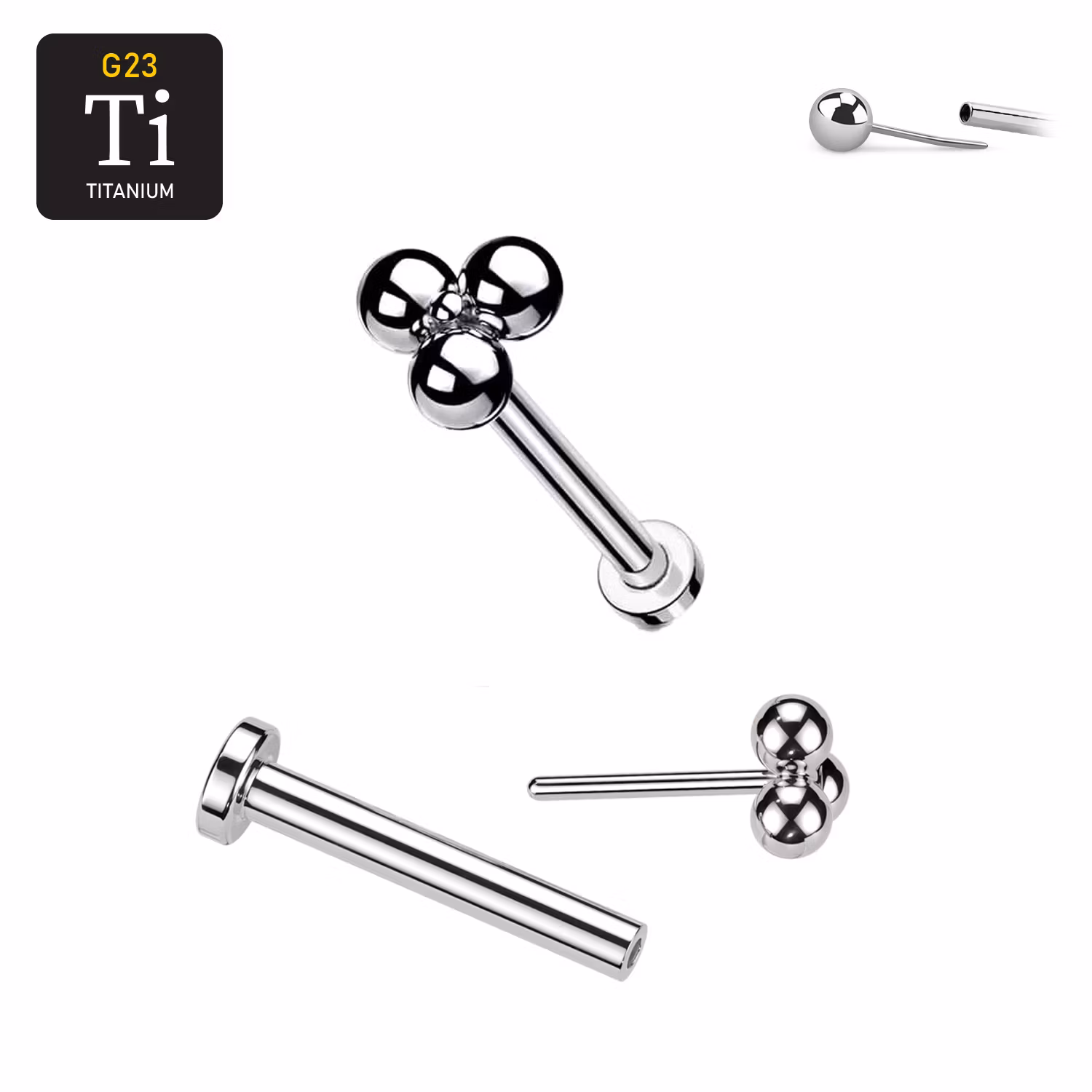 Threadless labret i titanium med litet bollkluster treenighet