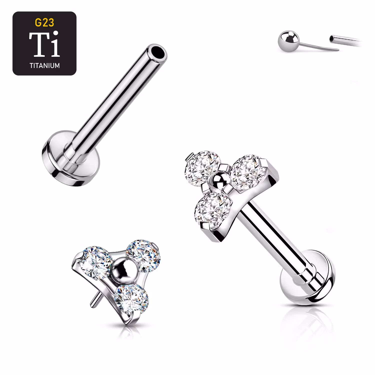Threadless labret i titanium med 3.5mm treenighet och klar CZ