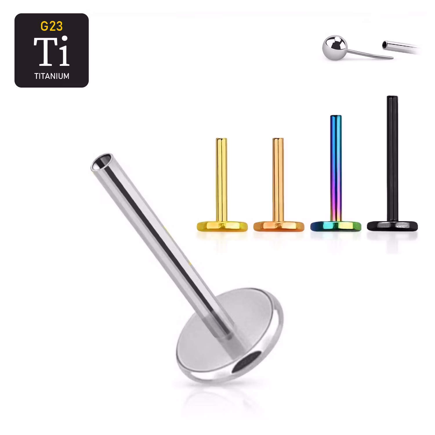 Threadless labret i titanium 0.8mm / 1.0mm med 4mm bas (lös del)