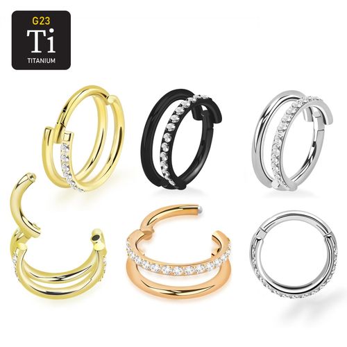 Titanium clicker ring dubbel hoop med cubic zirconia på ena ringens ytterkant