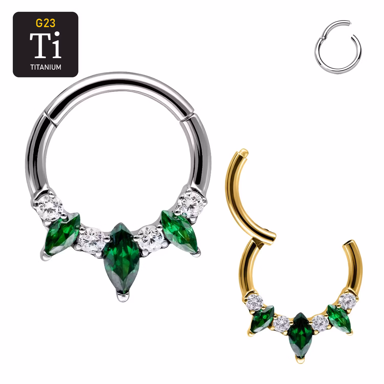 Titanium ring med gångjärn 1.2mm - Navettslipad emerald